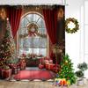 Red Christmas Shower Curtain Xmas Trees Gift Window Winter Forest Scenery New Year Home Wall Hanging Bathroom Decor With Hooks