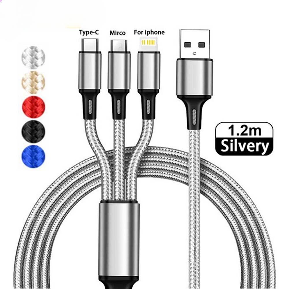 

Нейлоновый оплетенный кабель для передачи данных от одного до трех, подходящий для Android Type-C, Apple Huawei 2A, кабель для быстрой зарядки три в одном чёрный