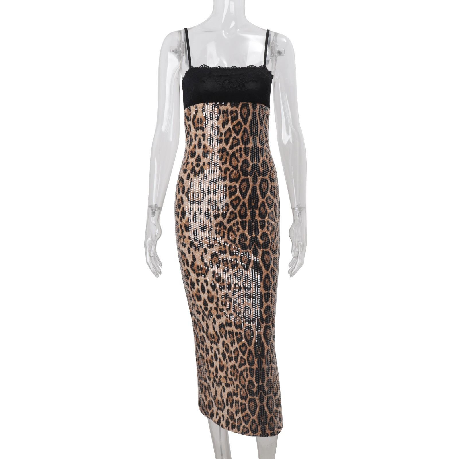 

Autumn new sexy leopard print lace splicing slim-fitting cardigan suspender dress S