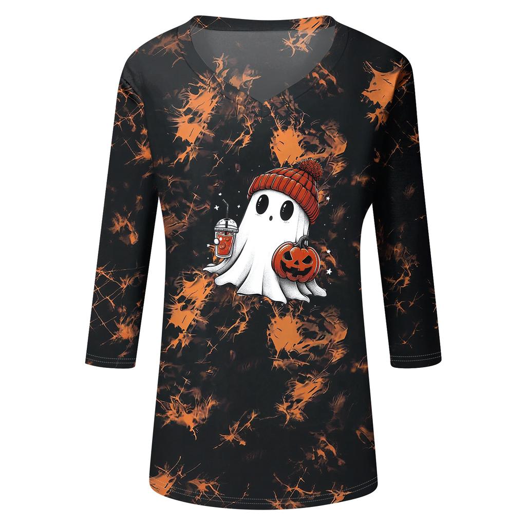 Women's Casual V-Neck Three-Quarter Sleeve Top with Halloween Print