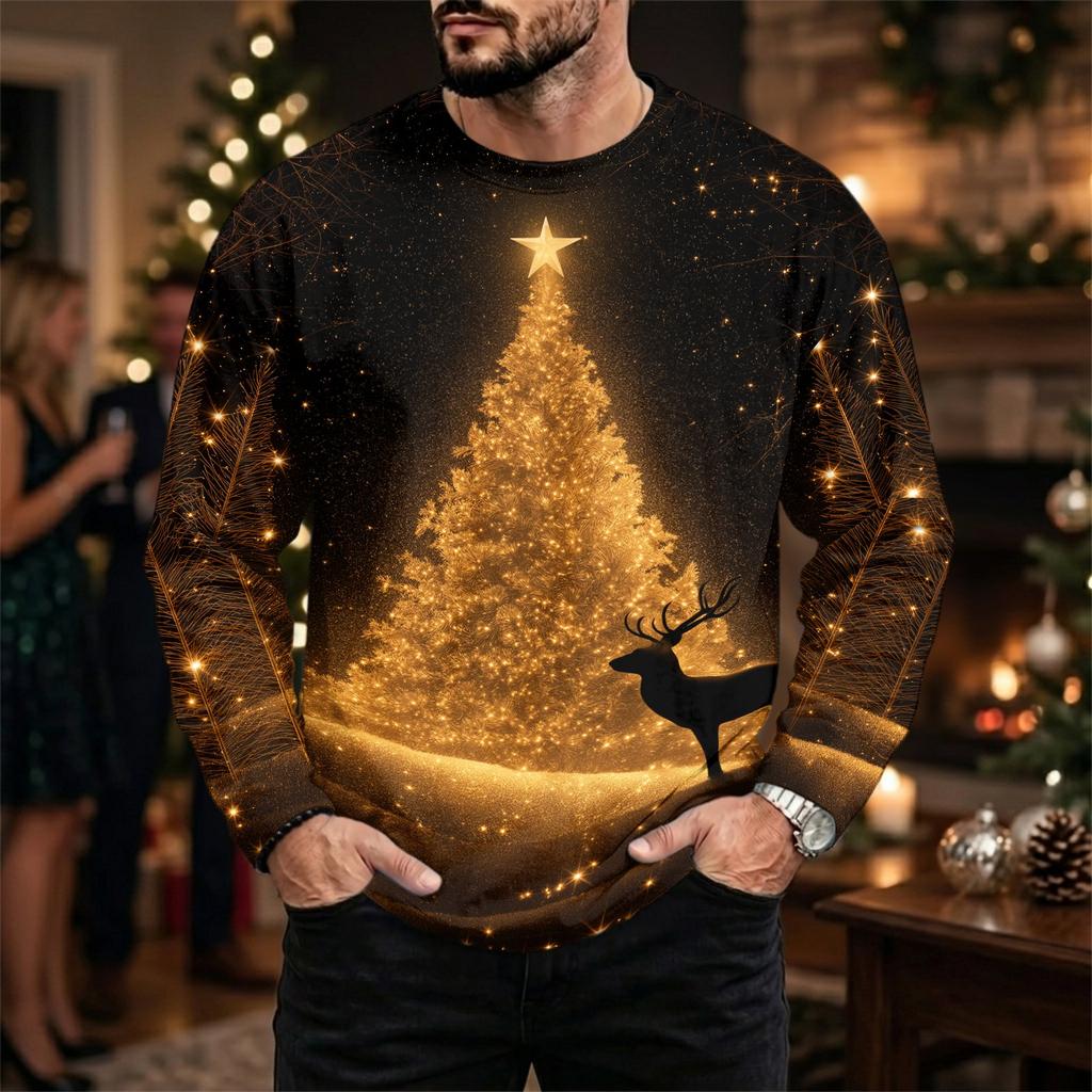 Men's Casual Loose Fit Neck Long Sleeve Top with Christmas Print, Winter Base Layer