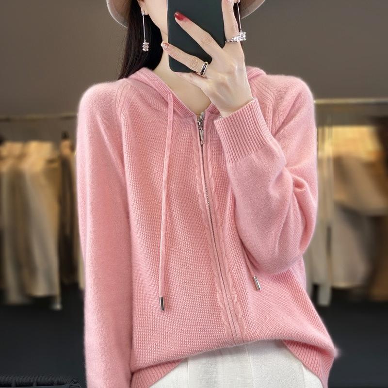 Autumn Sweater Cardigan Women's Wool Hoodie Double Zipper Hooded Sweater Jacket