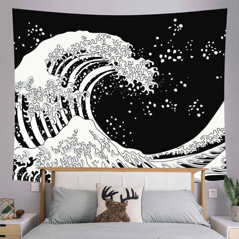 Black White Starry Mountain Moon Wall Tapestry Night Sky Pine Tree Forest Landscape Line Art Minimalist Nature Decor Soft