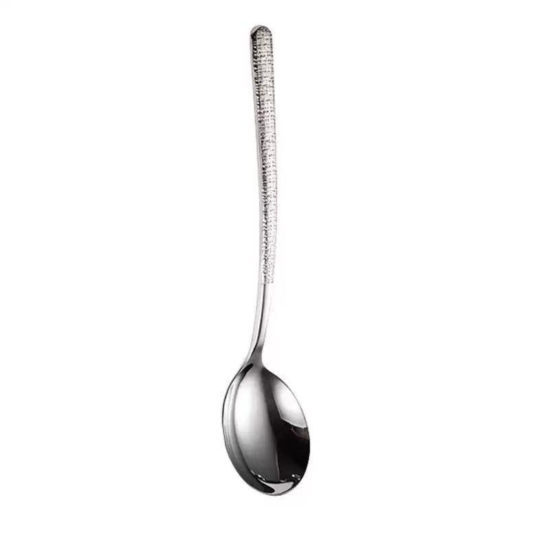 Stainless Steel Hammered Long-Handle Spoon, Stylish Western Cuisine Soup & Teaspoon for Adults