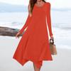 Women's Casual Fashion Round Neck Long Sleeve Solid Color Irregular Hem Midi Dress