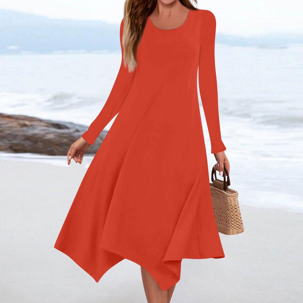 Women's Casual Fashion Round Neck Long Sleeve Solid Color Irregular Hem Midi Dress