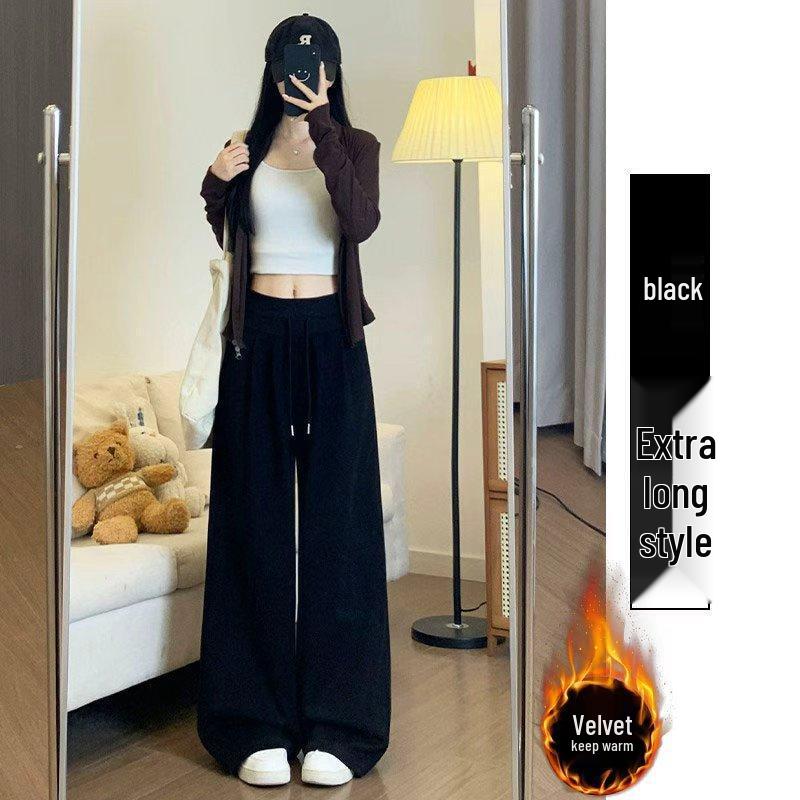 Women's Plus Velvet High-Waisted Wide-Leg Pants - Autumn/Winter Thickened Curve Drape Casual Wear