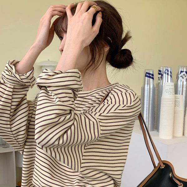Tricou de damă cu dungi, croială largă, mâneci lungi - Gât rotund, strat versatil pentru primăvară/toamnă/iarnă