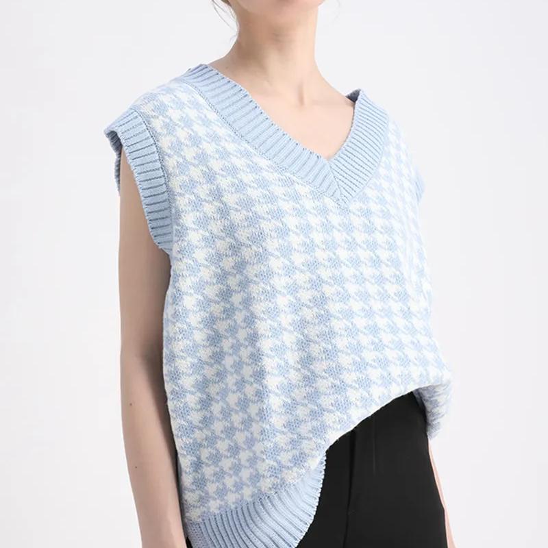 Dámská móda Oversized Houndstooth Kostkovaný svetr Pletená vesta Vintage Bez rukávů Boční rozparky Dámská vesta Elegantní topy
