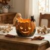 Autumn Table Centerpiece Halloween Pumpkin Candle Holder, Resin Ghost Black Cat Tea Light Unique Collectible Stand, Retro Distressed Decorative