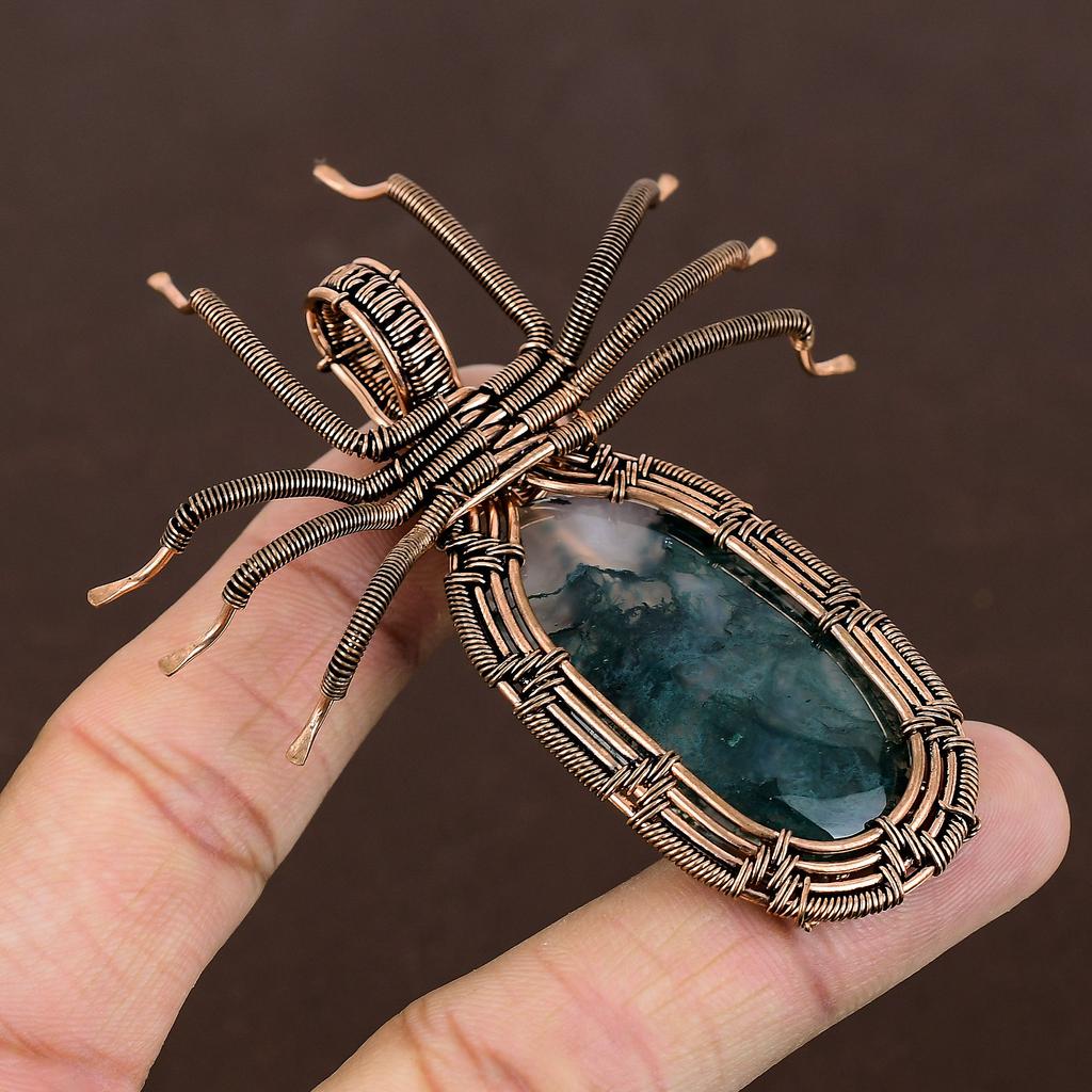 Natural Moss Agate Gemstone Handmade Copper Wire Wrap Spider Pendant 2.56" e4W33