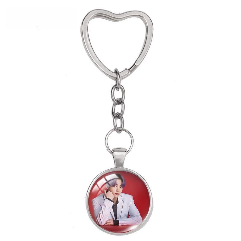 BTS Menber Photo Glass Dome Keychain, Heart Shaped Clasp Kpop Charm, Bangtan Boys ARMY Fans Bag Accessory