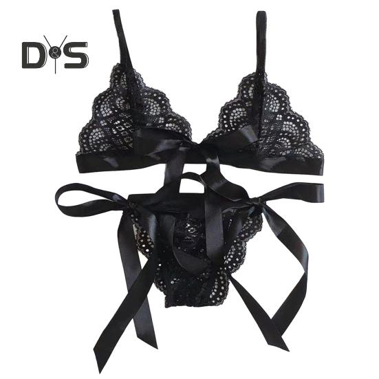 2 Pcs/Set Bra Panties Set Lace Uo Bow knot See through Lace V Neck Spaghetti Strap Three Point Pornographic Lady Underwear Suit