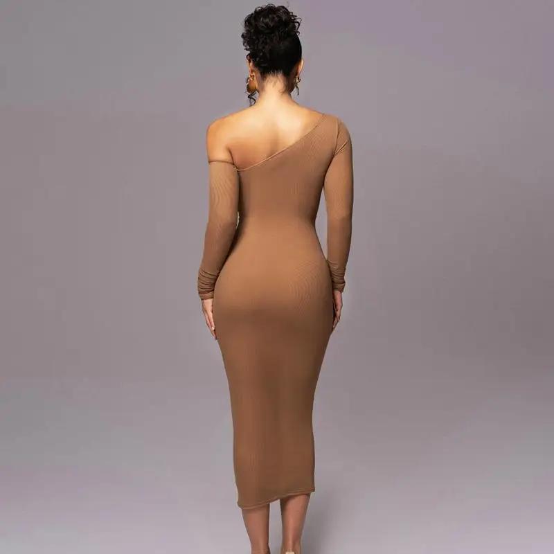 Jurk Modieus Geplooid Dames Lange Mouw Mesh Inzet Schuin Schouder Midi-lengte