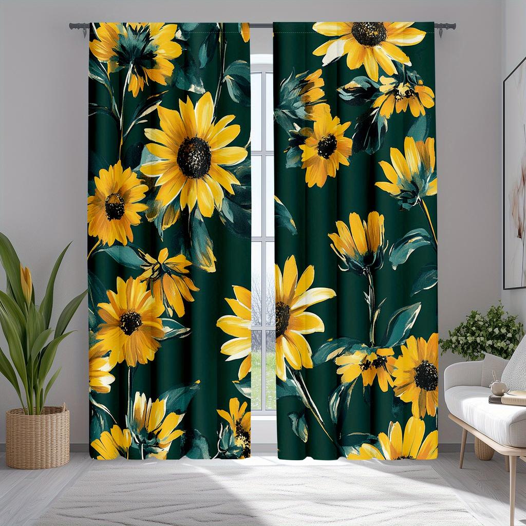Yellow Sunflower Curtains Floral Botanical Green Garden Drapes Curtain Set Of 2 Made Polyester Washable