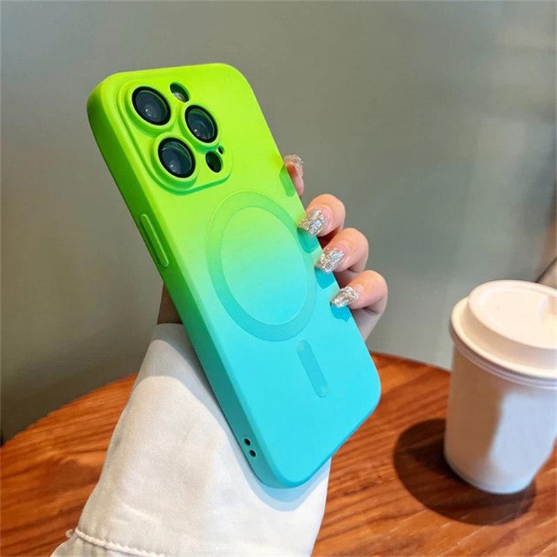 

Роскошный силиконовый разноцветный противоударный чехол Magsafe с градиентом для iPhone 15 14 13 12 11 Pro Max, чехол для беспроводной зарядки iPhone 12 зелёный