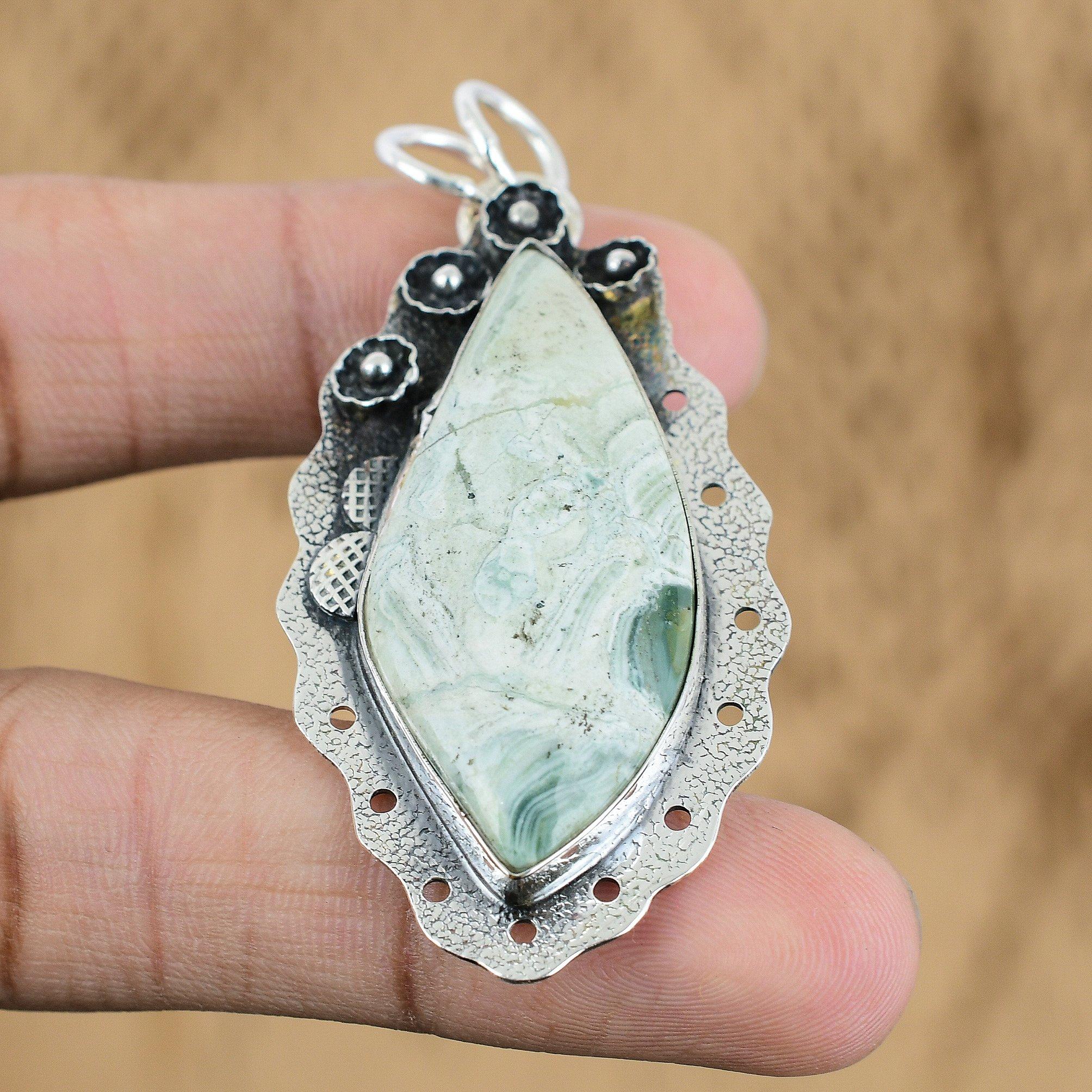 

Natural Variscite Gemstone Pendant 925 Sterling Silver Indian Jewelry For Girls