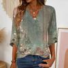 Womens V Neck Loose Fit Blouse with Floral Print Three Quarter Sleeve Button Casual Top for Daily Wear
