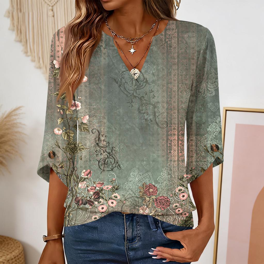 Womens V Neck Loose Fit Blouse with Floral Print Three Quarter Sleeve Button Casual Top for Daily Wear