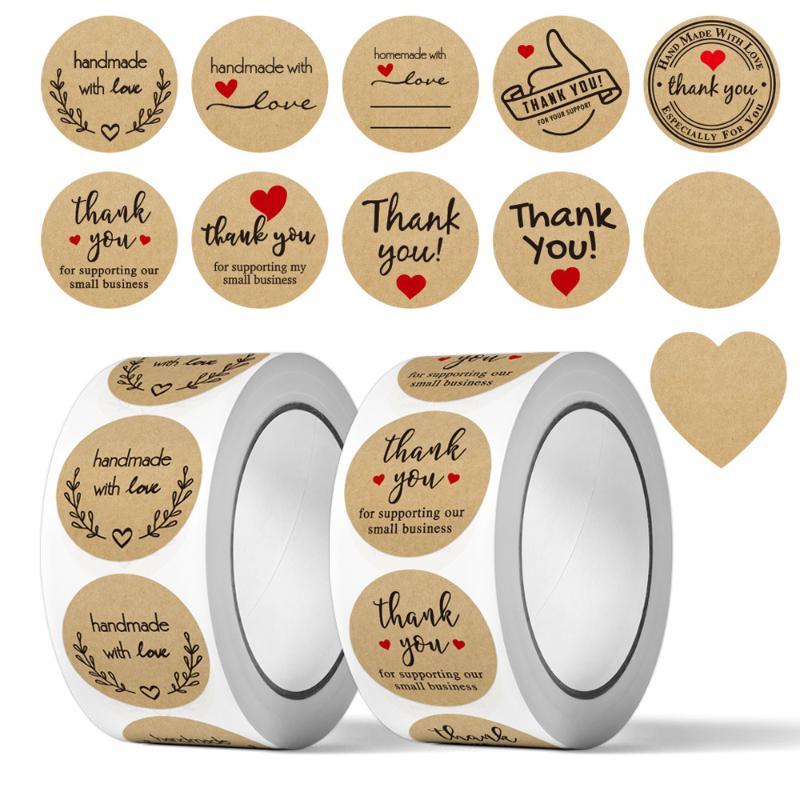 500Pcs/Roll Kraft Paper Thank You Stickers With Assorted Designs Strong Adhesive For Small Business Packaging Gift Wrapping