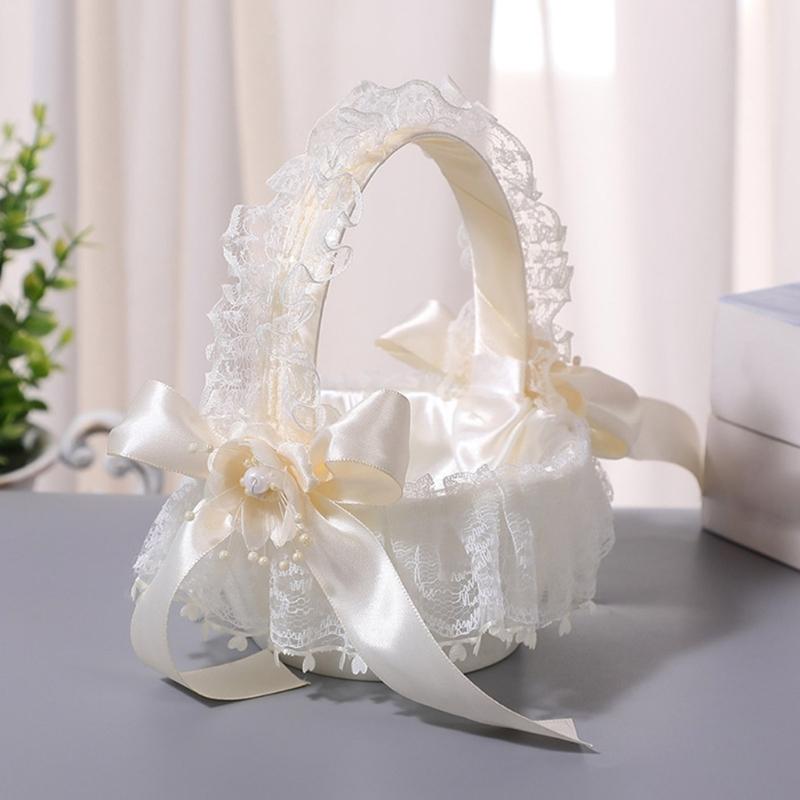 Wedding Flower Girl Basket with Lace Trim Handle Bowknot Flower Baskets for Wedding Ceremony Party Floral Arrangement