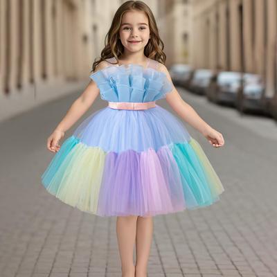Girls Colourful Patchwork Princess Dresses Sleeveless Colour Patchwork Bowknot Dress Walking Piano Performance Dress 363  Girl's Favourite Dress