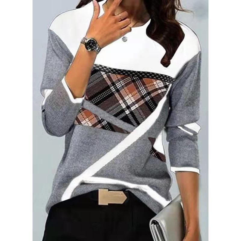 Women‘s Round Neck Long Sleeve Loose Fit T-Shirt Colorblock Print Plus Top