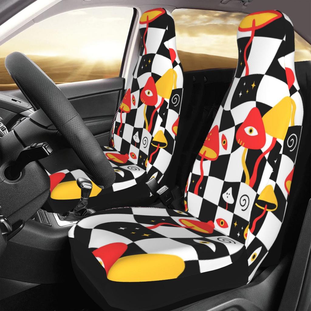 Rippy Mushroom Black White Checkered Print Car Seat Covers for Women Man Universal Auto Front Seats Protector Fits for Car SUV