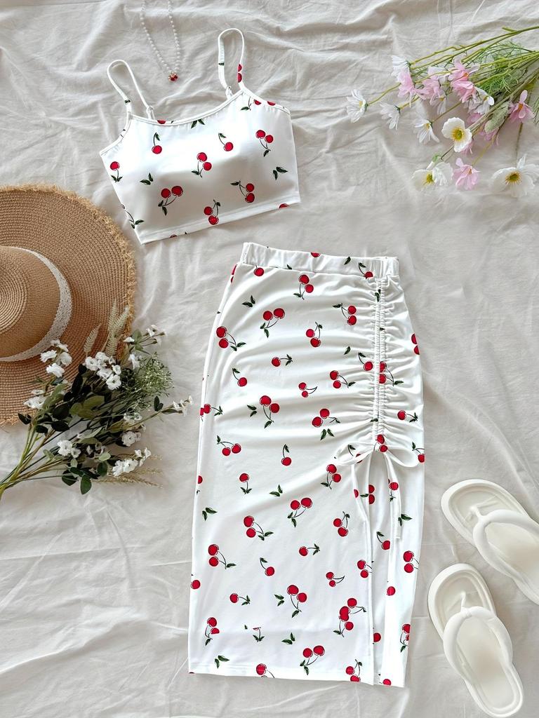 Summer Cherry Print Camisole Maxi Dress