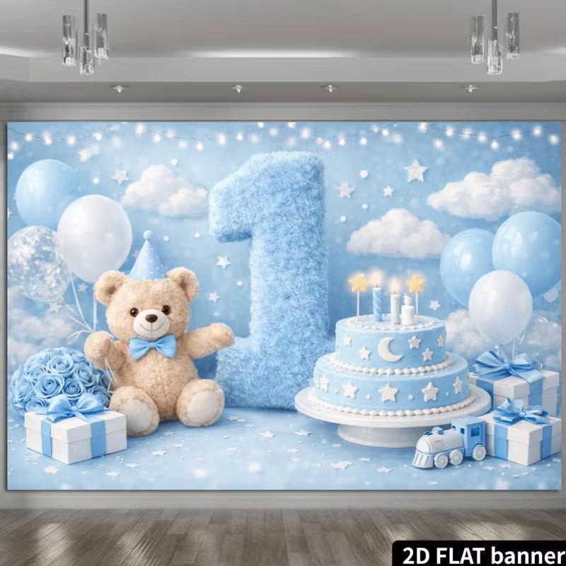 2D Teddy Bear 1st Birthday Backdrop for Newborn Photography