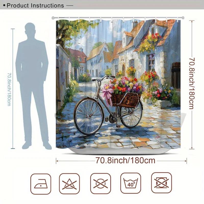 ~O~European Village Shower Curtain - Cobblestone Street, Colorful Flower Baskets, Quaint Houses, 70.8x70.8", Polyester, Washable