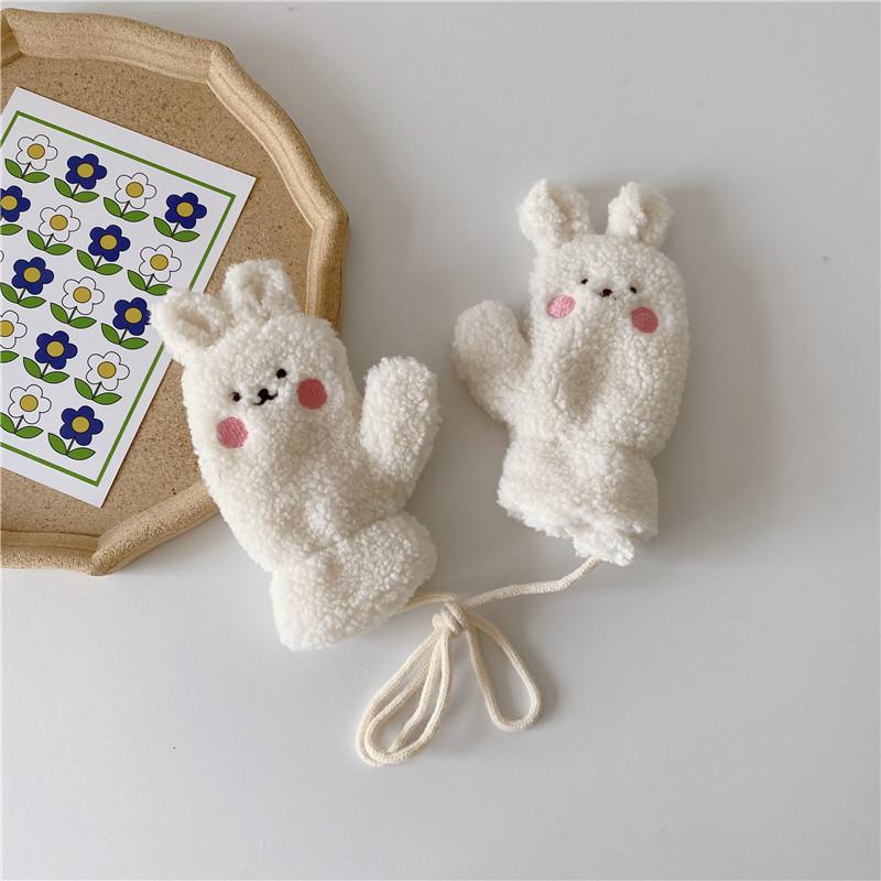 Autumn and Winter Warm Baby Boy and Girl Cross Windproof Gloves Scarf Sherpa Cute Cartoon Children's Kit Plush