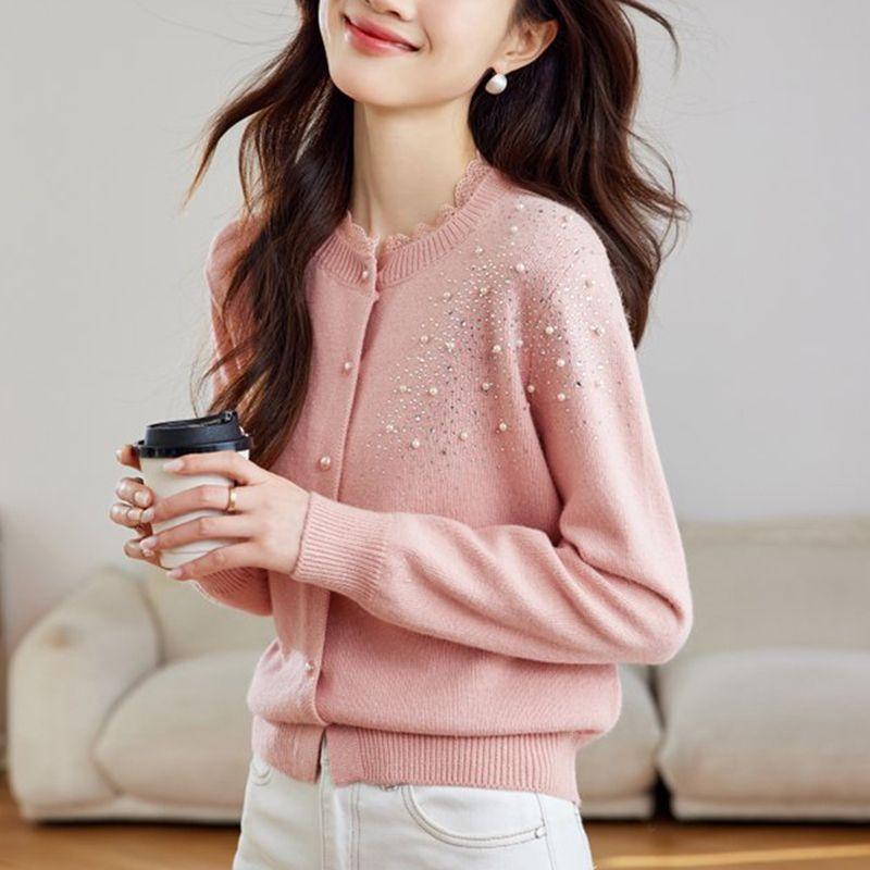 Sweater jacket women's spring clothing new lace collar splicing bead short women's knitted sweater cardigan