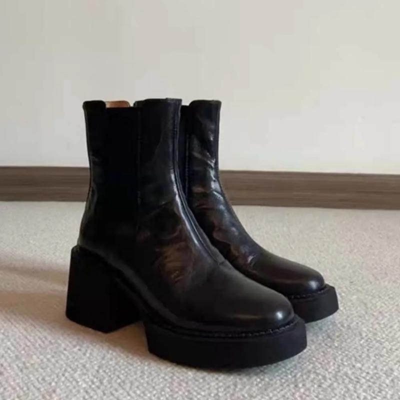 Spring and Autumn Women's Thick Bottom Ankle Boots Fashion Side Zipper Short Boots Women's Elegant Square High Heels