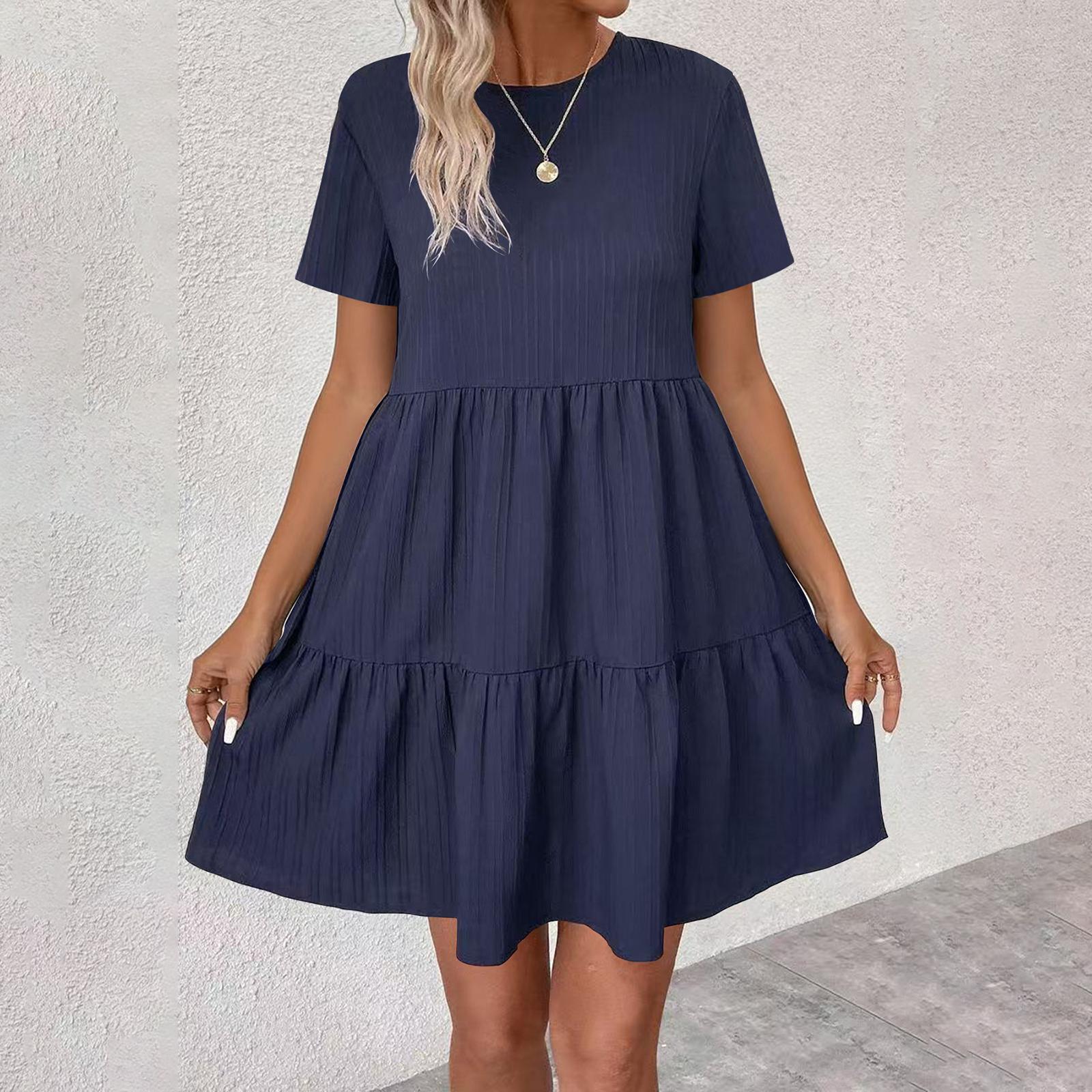 

Women s Fashionable Color Round Neck Short Sleeved Loose Pullover Dress XL Темно-синій