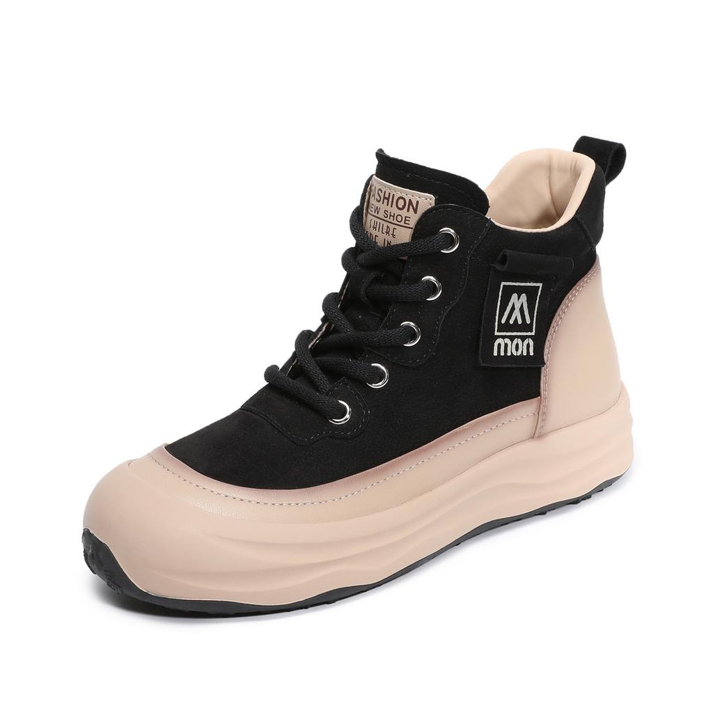 Johnature Echtes Leder Dicksohlige Retro Stiefeletten mit seitlichem Reißverschluss Lässige Schnürschuhe Damen Flache Plateau Schuhe