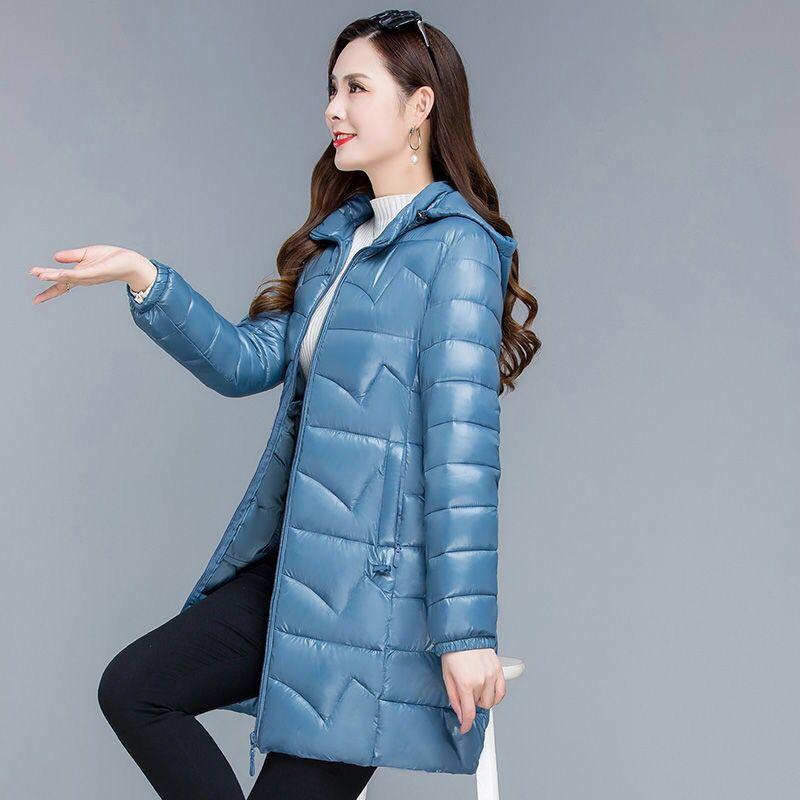 Light and Thin Down Cotton Jacket  Women's Shiny New Korean Version Large Cotton Jacket  Medium Length Slim Fitting Hooded Casual Cotton Jacket