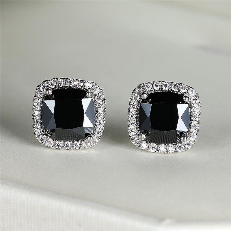 

Cute Female Crystal Red Stone Stud Earrings Charm Silver Color Luxury Square Wedding Jewelry For Women чёрный