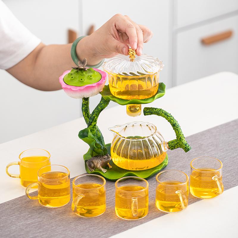 1 set of magnetic lazy tea set - Creative Lotus automatic glass teapot, tea cup, tea can, tea tray Chinese Kung Fu tea set