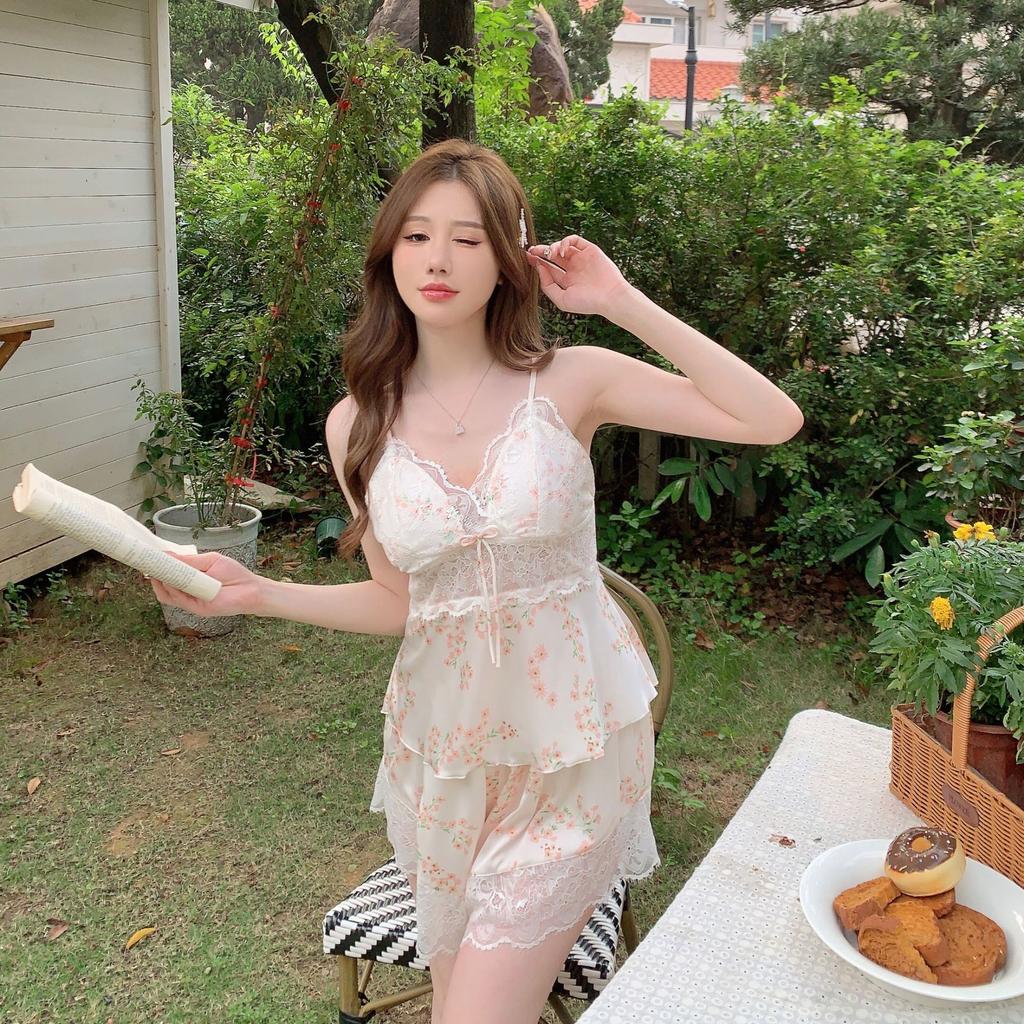 Suspender Pajamas Women's Summer Ice Ribbon Chest Pad Printing Fashion Can Be Worn Outside Pure Desire Style Suit Loungewear