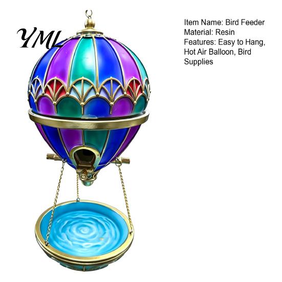 Bird Bath Feeder Hot Air Balloon Feeder, Retro Stained Glass Art with Water Patio Tray, Hanging for Outdoor Garden Backyard Feeding Station