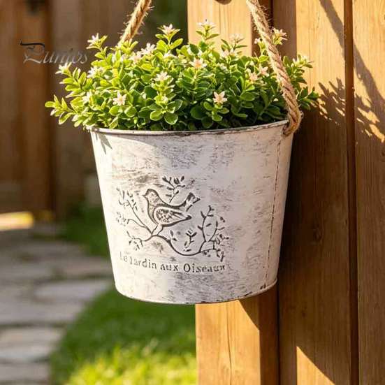 Wall Mounted Flower Holder Vintage Iron Hanging Planter, Rustic Bird Metal Pot with Rope, Vase Small Bucket for Garden Patio Balcony Decor,