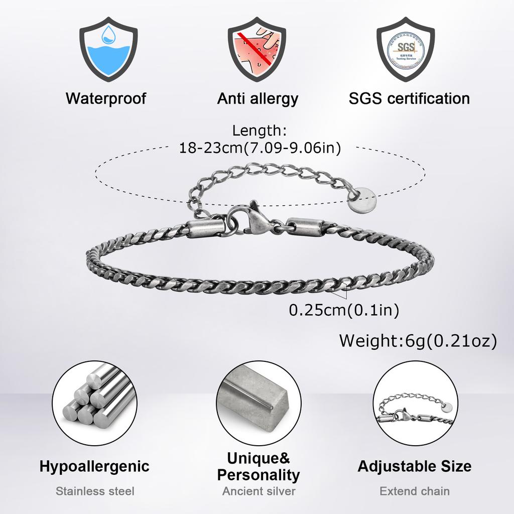 Vnox Slim 2.5mm Snake Links Bracelets for Men Teens Boys,Adjustable Stainless Steel Twisted Chain Bracelets,Simple Metal Jewelry