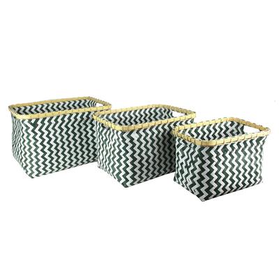 [R2473] - Set of 3 Woven Baskets 'Boho' Green White - 42x33x26. 5 Cm