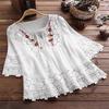 Summer Elegant Holiday Blouse Women Casual Loose Top Cotton Linen Stitching Lace Flower V Neck Solid Tops Shirt