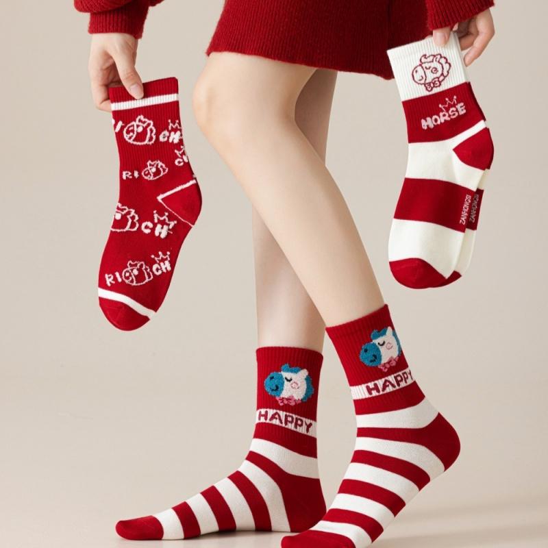 1Pair 2026 Year Of The Horse Red Socks Autumn Winter Warm Mid-Tube Socks Cartoon Pony Socks  Year Party Gifts