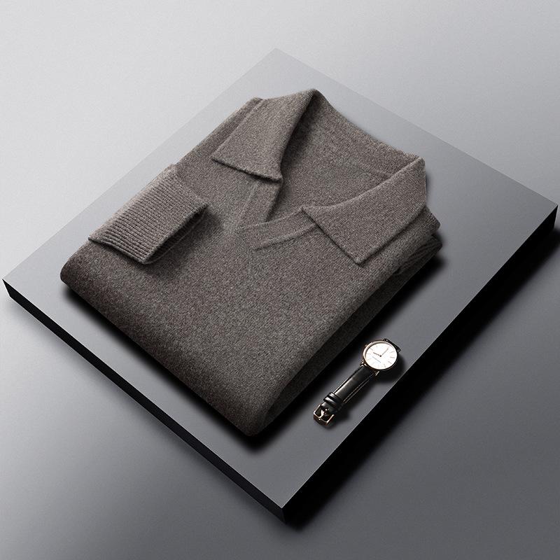 

2025 Men s Autumn Casual Loose Fit 100% Wool Lapel Sweater - Solid Color Long Sleeve Knitwear L