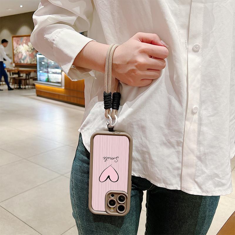 Fashion Smile Pink Love Heart Soft Lanyard Rope Phone Case For iPhone 15 14 13 12 11 16 Pro Max X XS XR 7 Plus Shockproof Cover