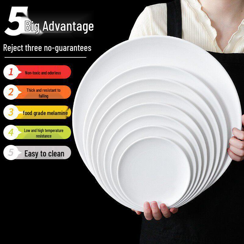 White Melamine Imitation Porcelain Plates: Commercial Round Flat Resin Tableware for Restaurants, Shallow Cold Dish or Rice Bowl Plates.