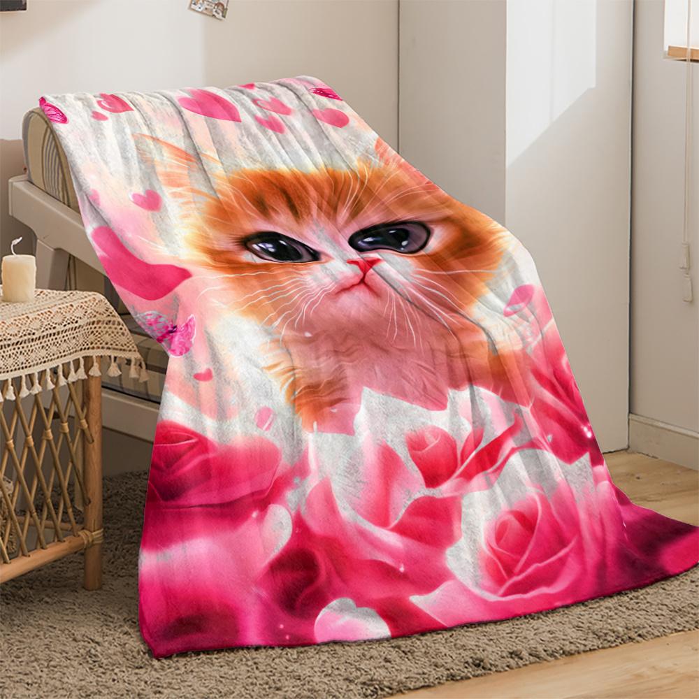 Mignon Chaton Roses Cœurs Papillons Fond Rose Couverture en Flanelle Couverture Douce Confortable pour Chambre d'Enfant Filles Décoration Cadeau